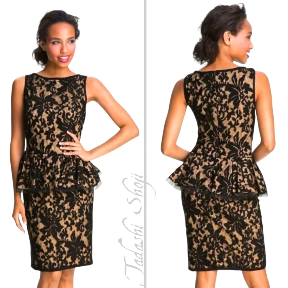 Tadashi Shoji Lace Overlay Midi Dress in Black and Gold